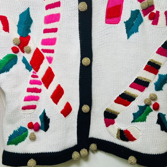 Rare Vintage Marisa Christina Candy Cane Knit Cardigan Ugly Christmas Sweater - Picture 12 of 17